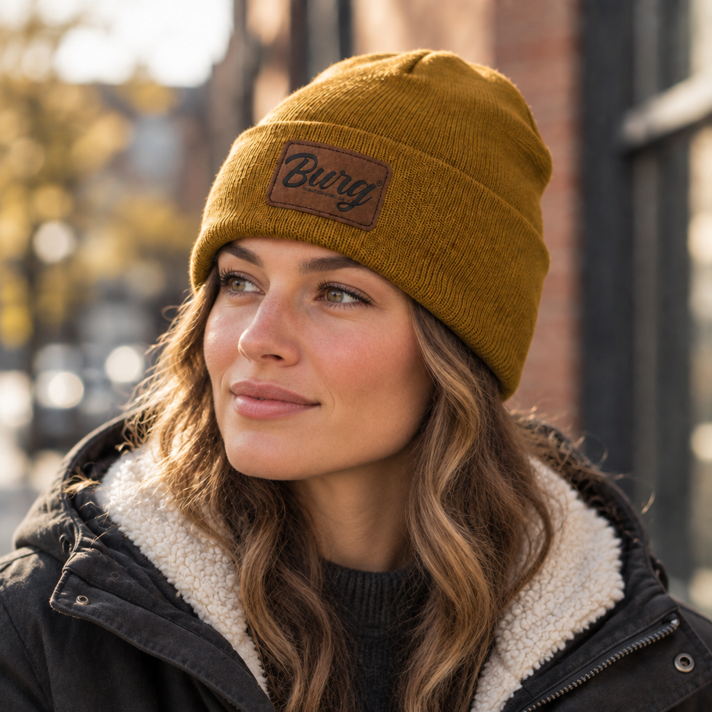 Woman wearing the bronze BURG suede patch cuffed beanie outdoors