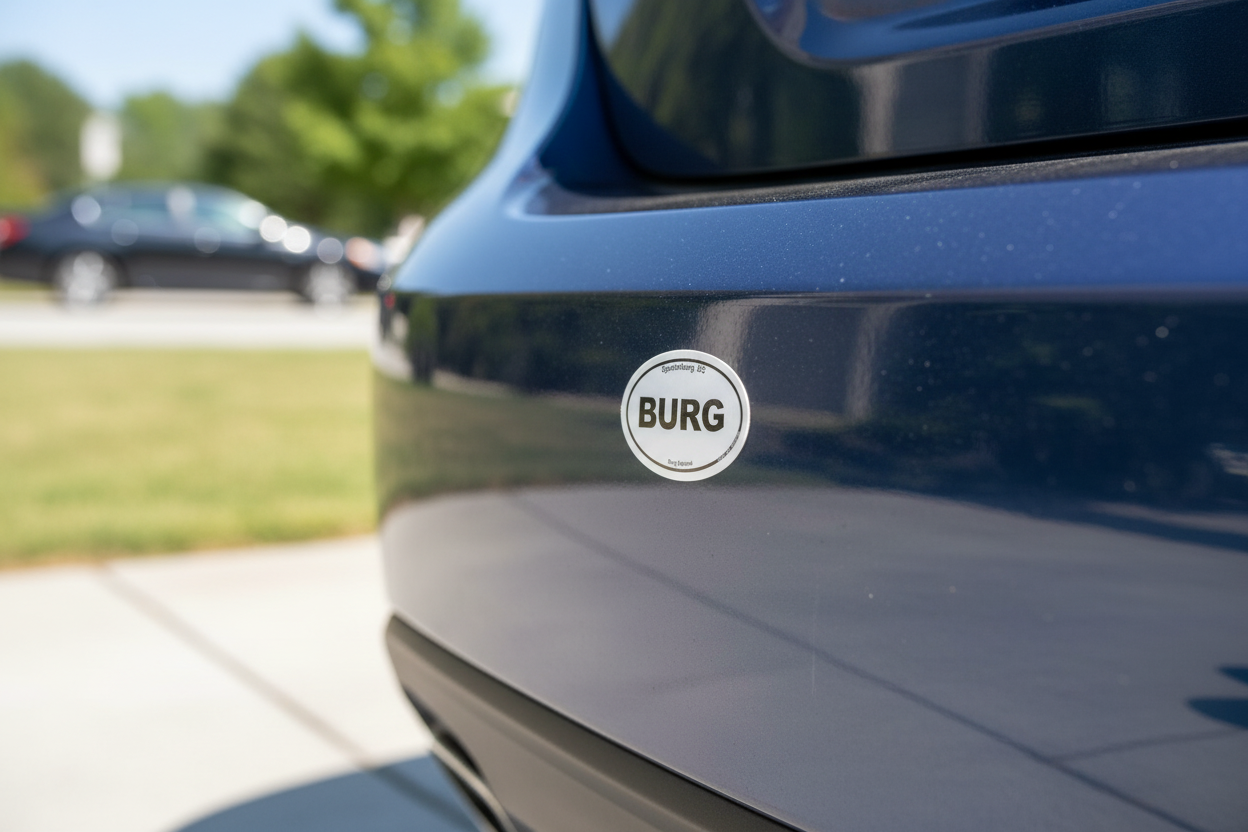 Oval Burg sticker - lifestyle shot on car bumper