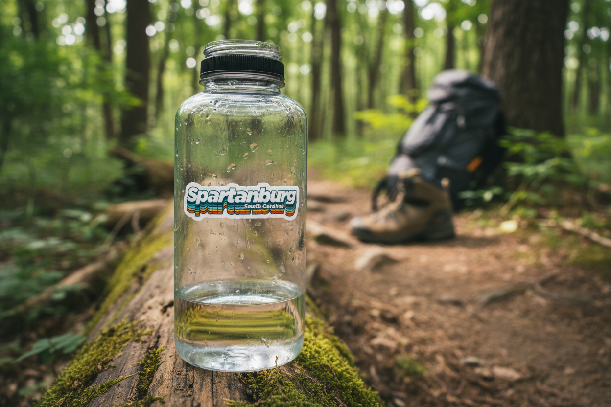 Spartanburg retro sticker - lifestyle shot on water bottle