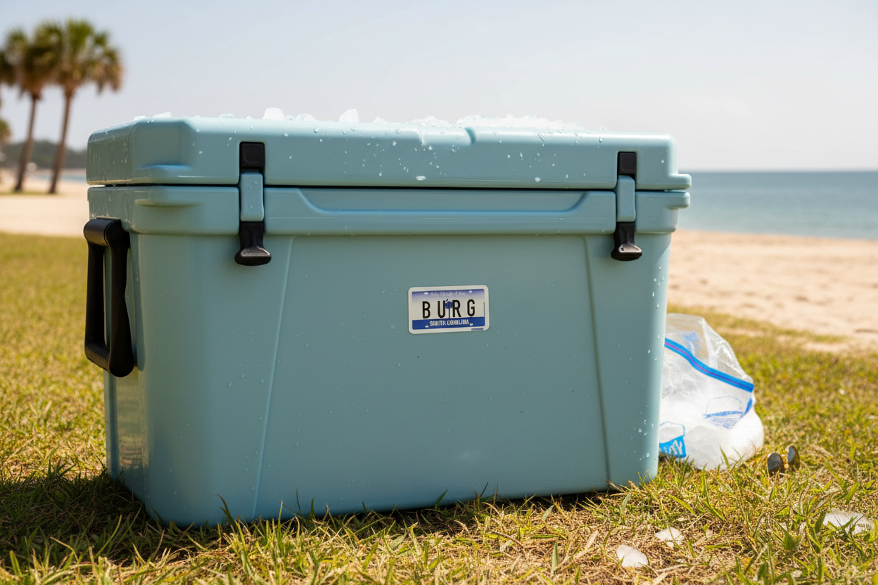 Mini License Plate Sticker on a full-size cooler showing scale