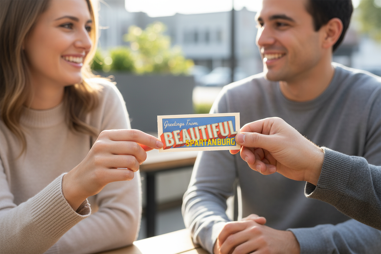 Person handing Greetings from Spartanburg Sticker to another person