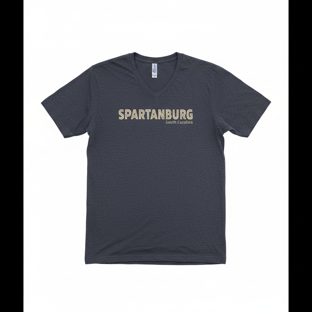 Spartanburg heather navy v-neck studio shot