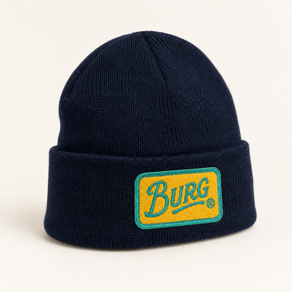 BURG patch sherpa-lined beanie in a three-quarter studio view