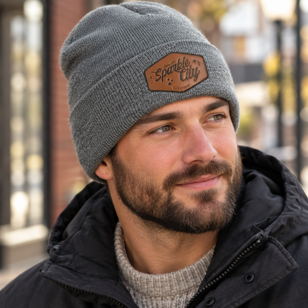 Sparkle City cuffed beanie worn outdoors in a lifestyle setting