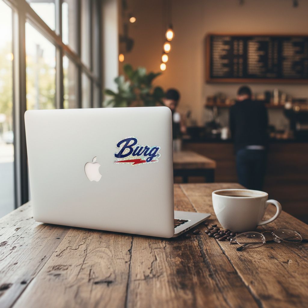 Burg glitter sticker on a MacBook laptop at a coffee shop