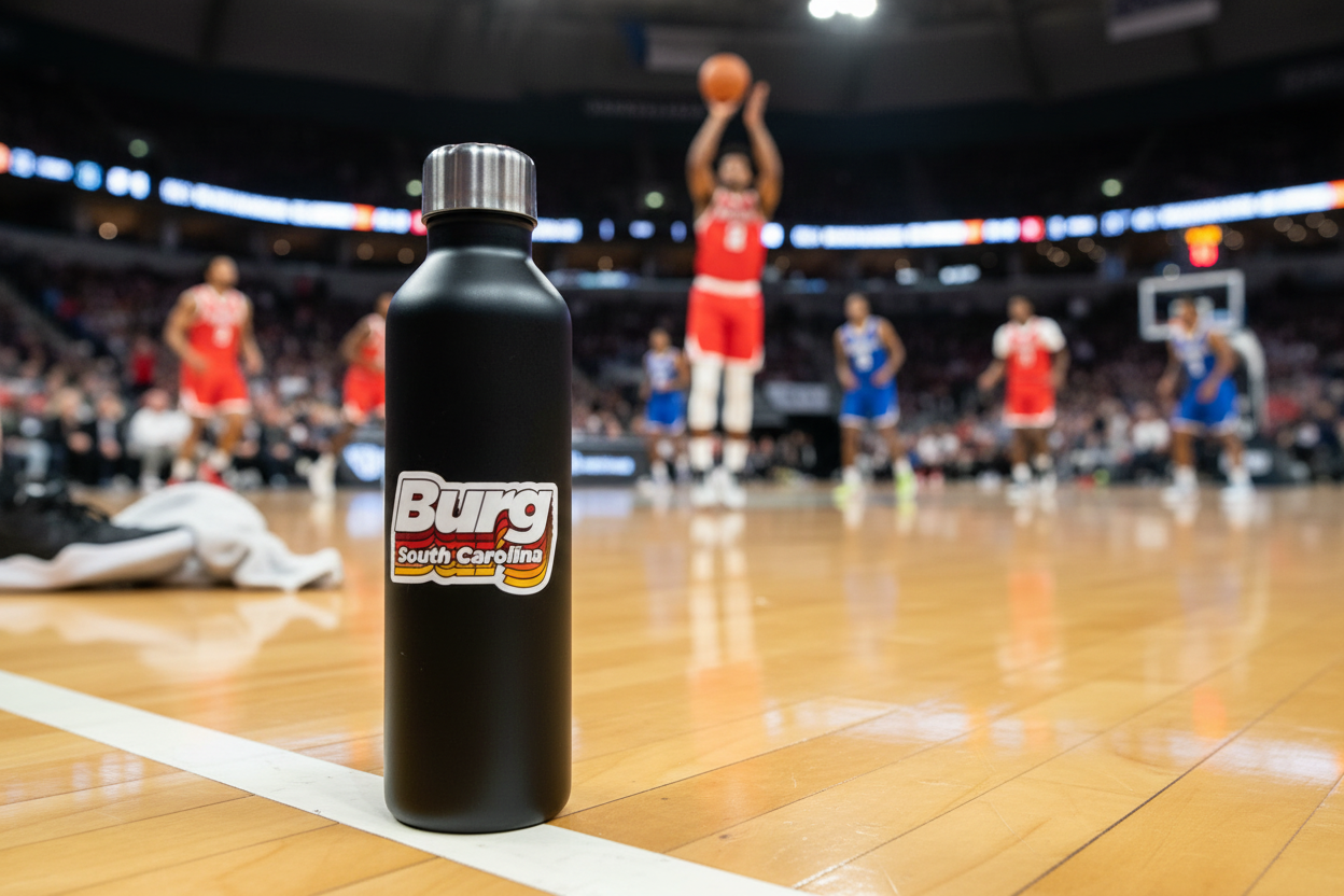 Burg Retro South Carolina Sticker on sideline water bottle at basketball game
