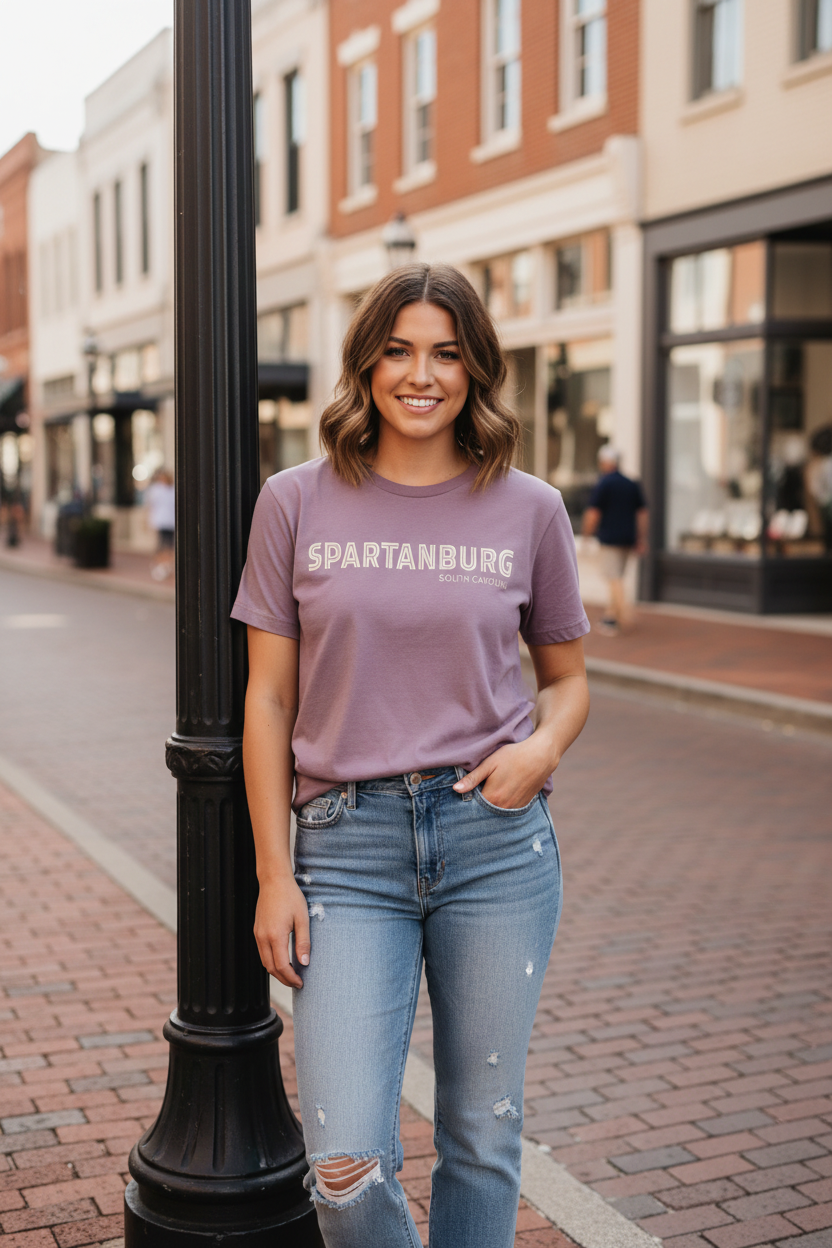 Female model wearing Spartanburg SC mauve tee