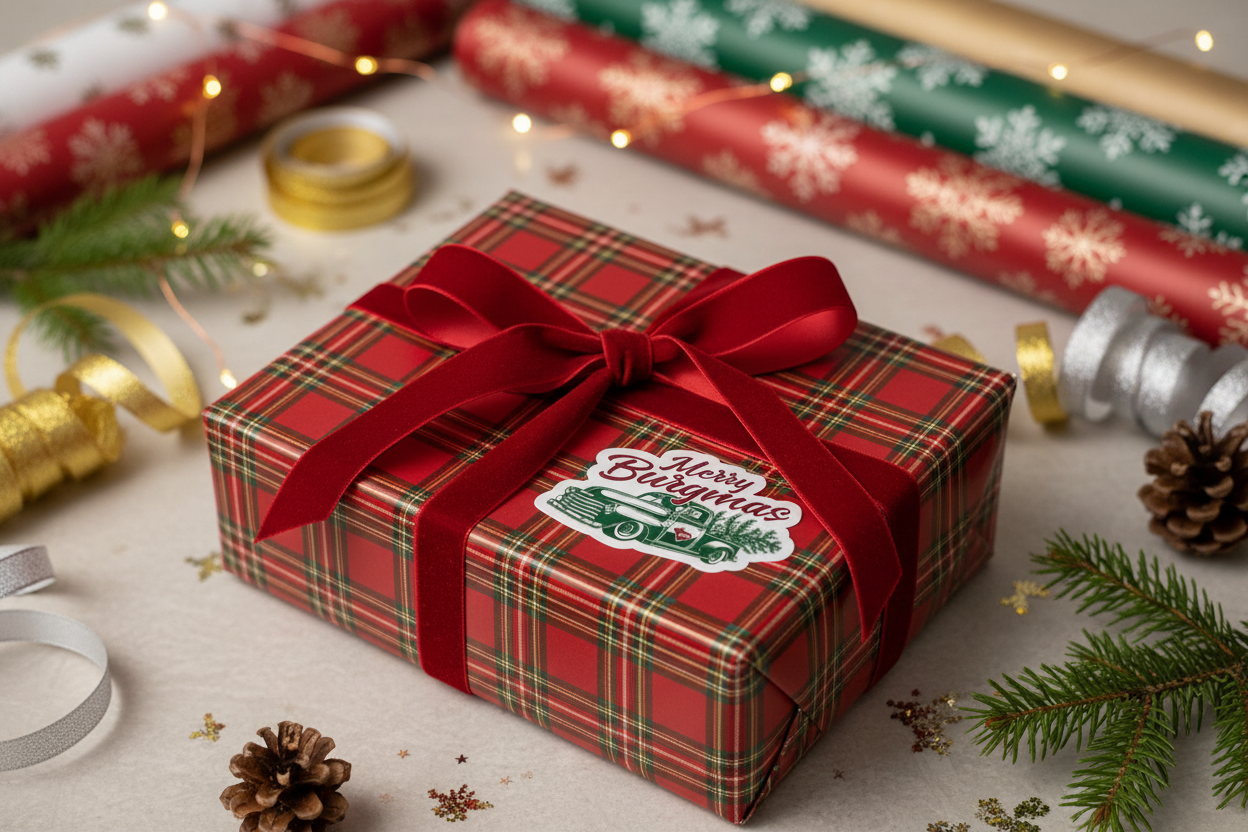 Merry Burgmas Sticker on a Christmas gift