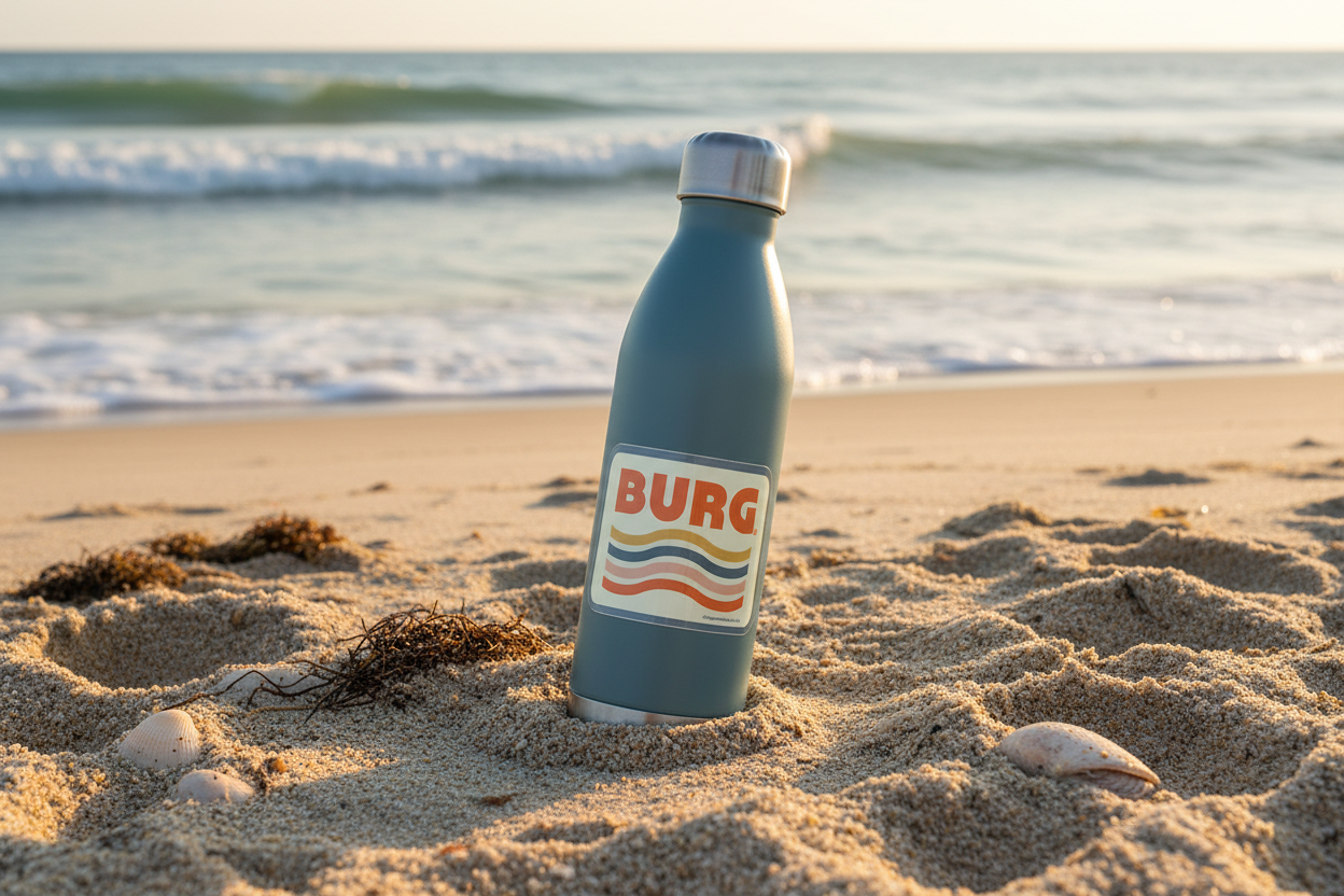 Burg Waves Sticker on water bottle at the beach