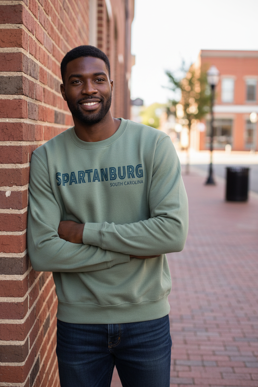 African American male model wearing Spartanburg Sage Green crewneck sweatshirt