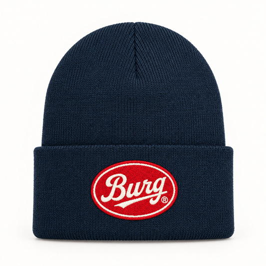 Atlantis Headwear Navy BURG patch beanie in studio, second patch option