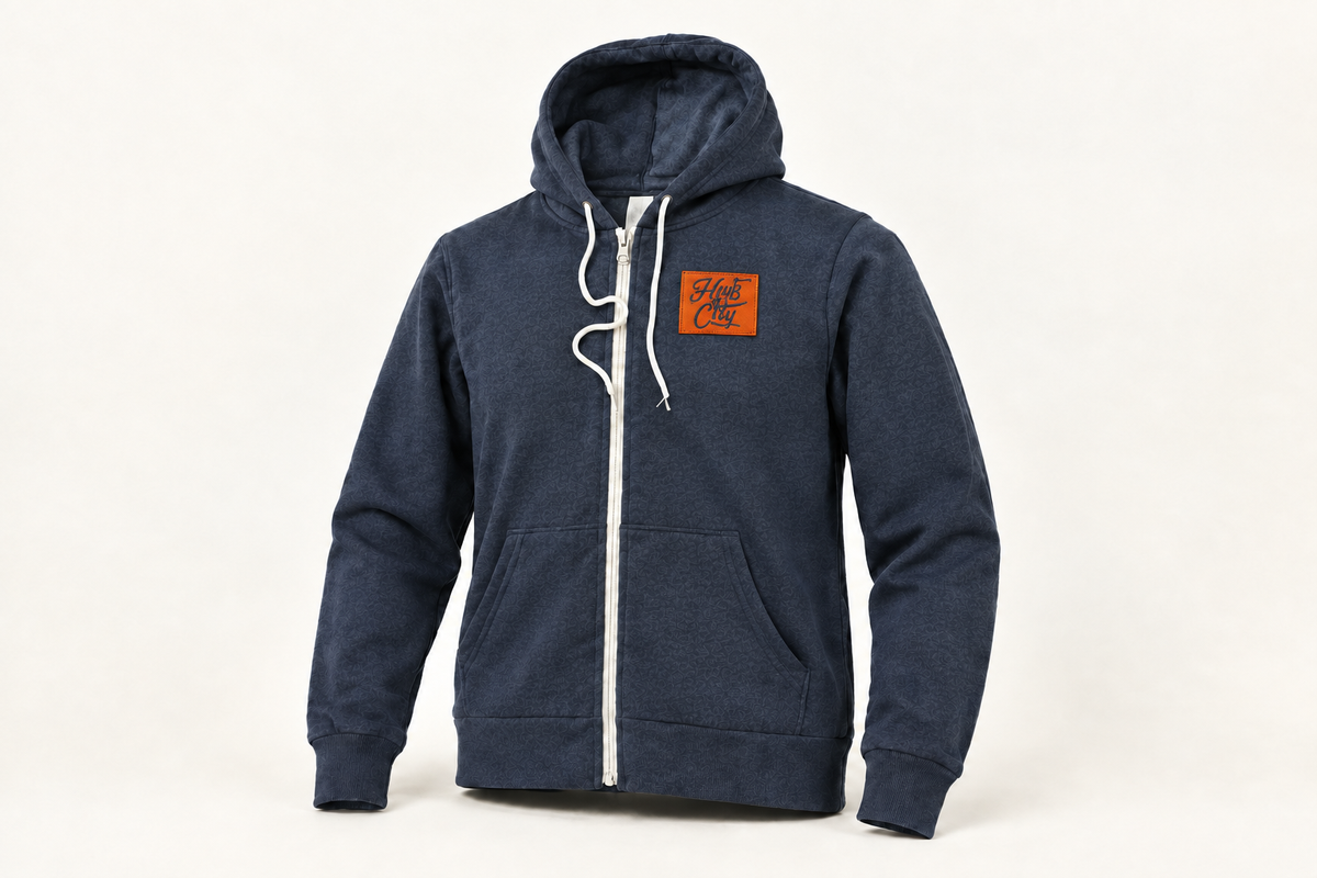 Zip Up Hoodie studio photo showing the actual Hub City patch