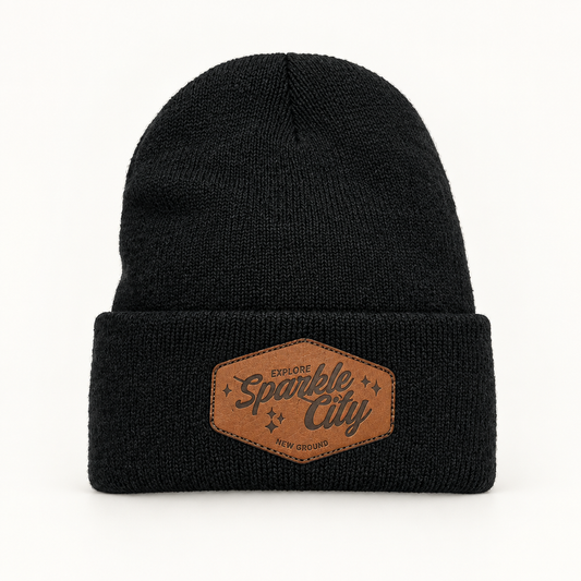 Sparkle City lined cuffed beanie in a studio product photo