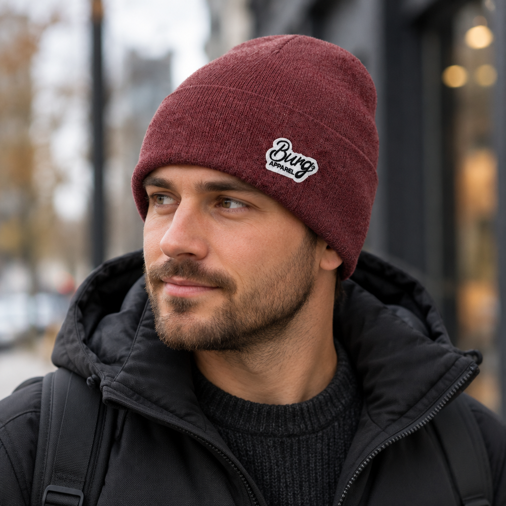 Person wearing a BURG knit beanie outdoors in a lifestyle setting