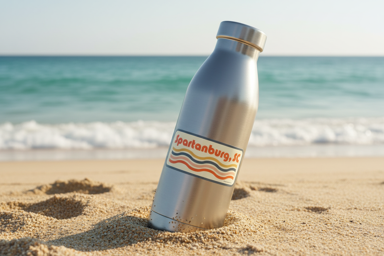 Spartanburg SC Waves Sticker on stainless tumbler at the beach