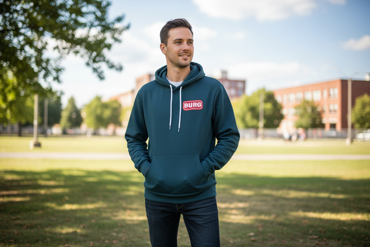 Person wearing Bella Canvas Sponge Fleece Hoodie Burg Logo
