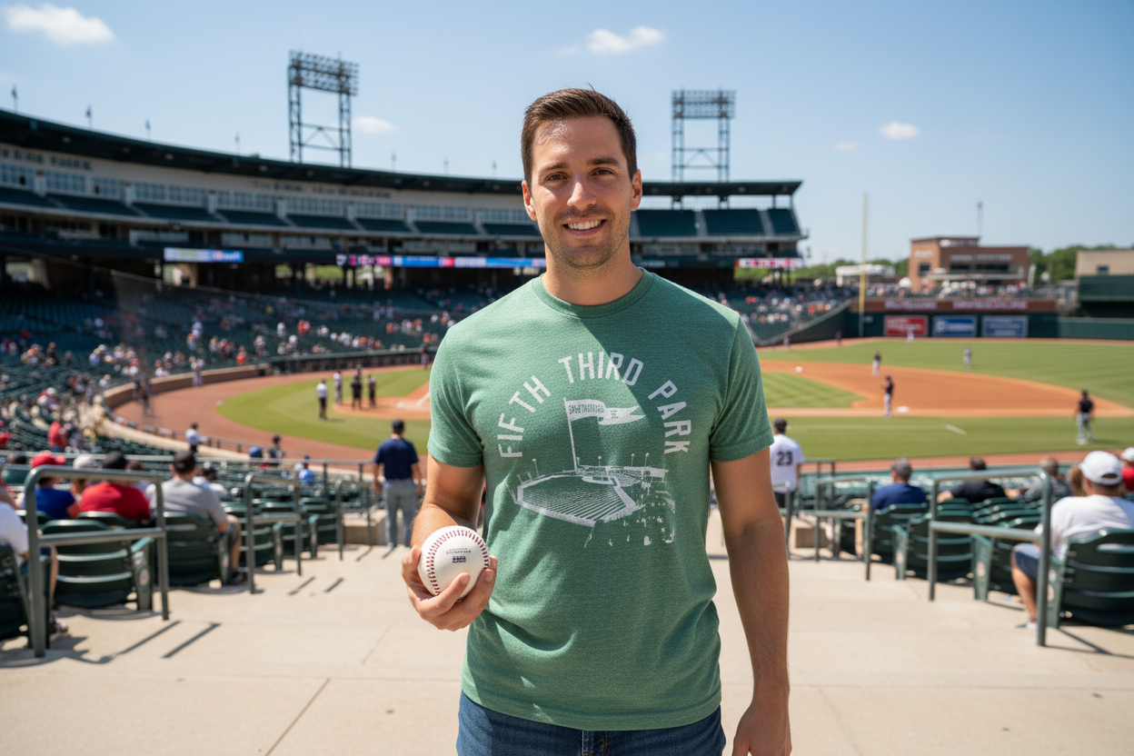 Person wearing Original Retro Brand Fifth Third Park Shirt holding a baseball at Fifth Third Ballpark