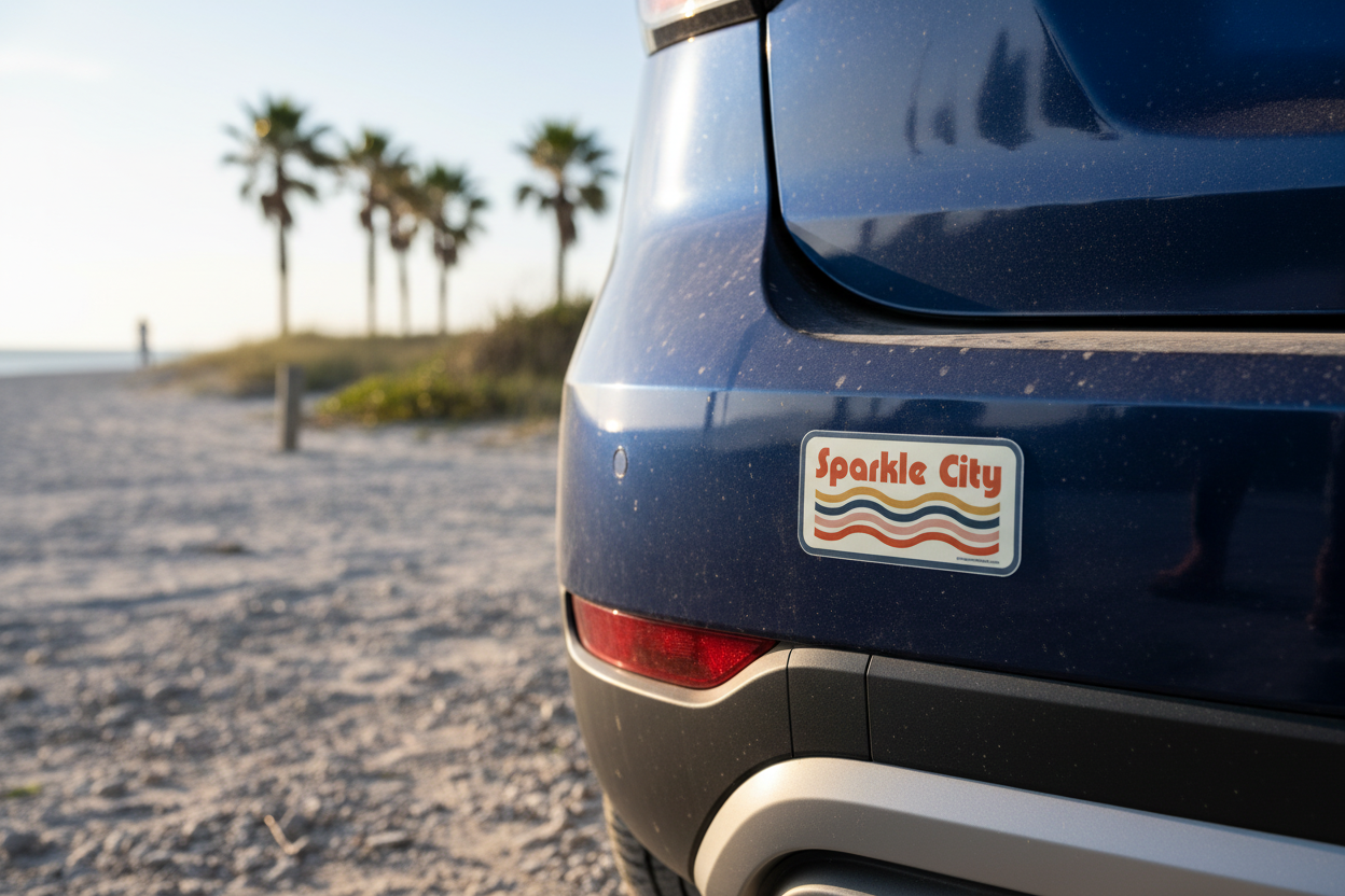 Sparkle City waves sticker on a car bumper