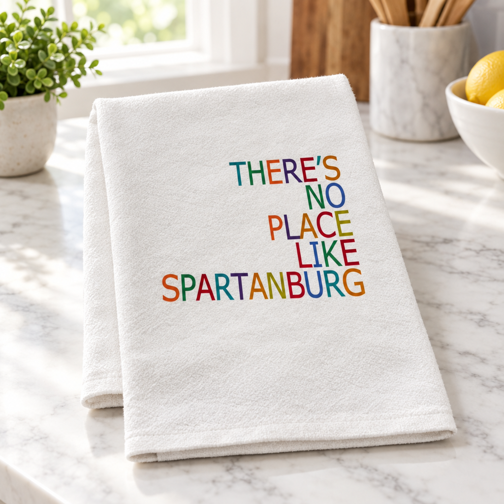 There's No Place Like Spartanburg tea towel folded on a kitchen counter