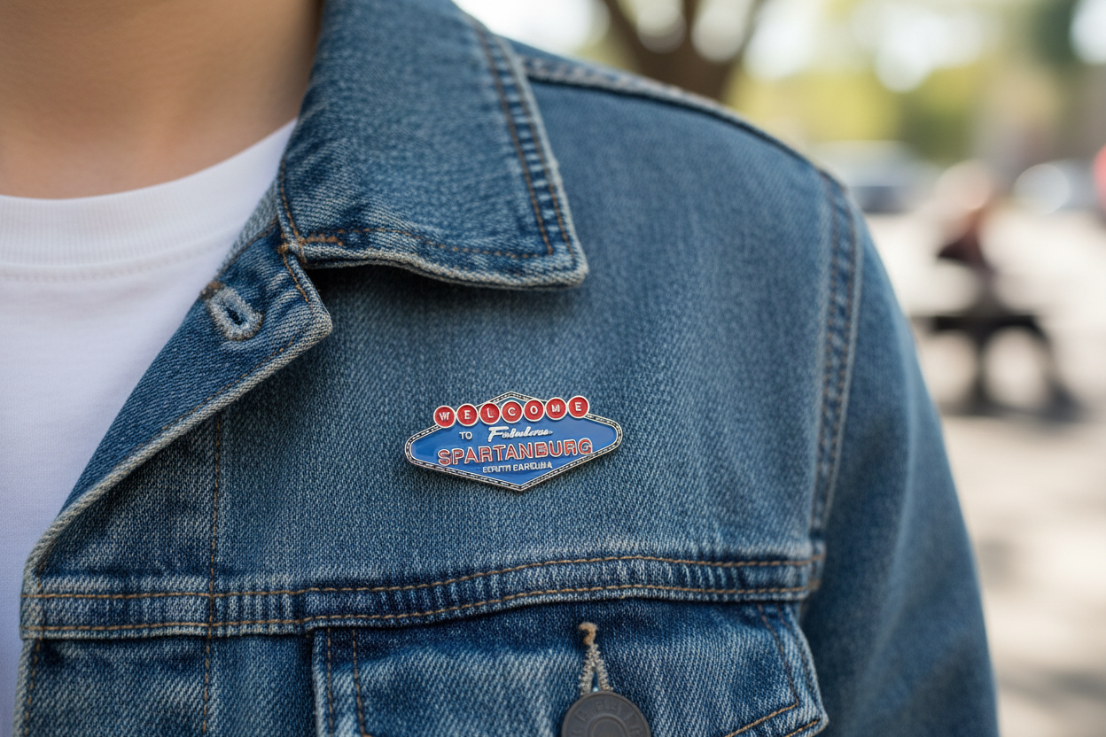 Welcome to Spartanburg pin - lifestyle shot on denim jacket