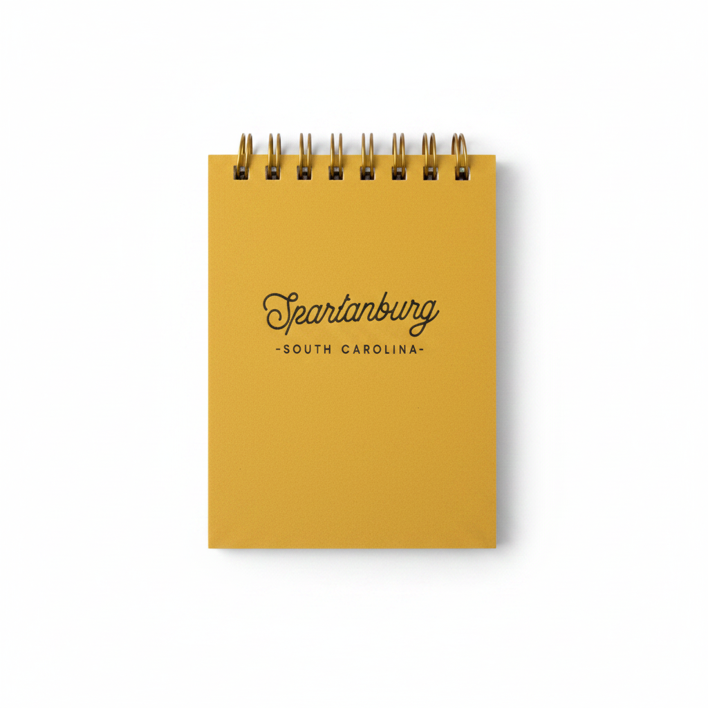 Yellow Spartanburg South Carolina spiral notepad studio shot on white background