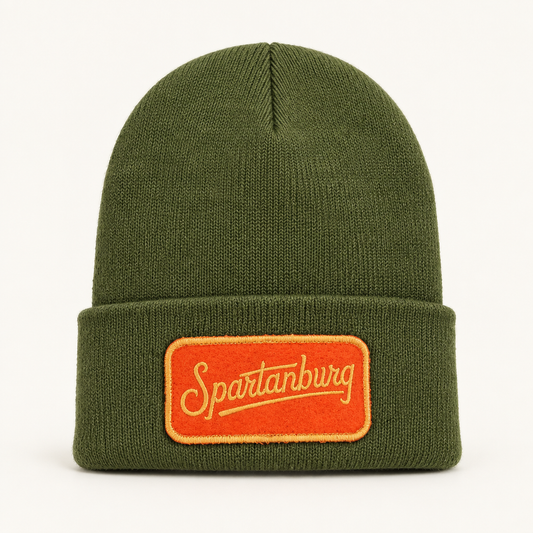 Spartanburg patch cuffed beanie in a studio shot, second color