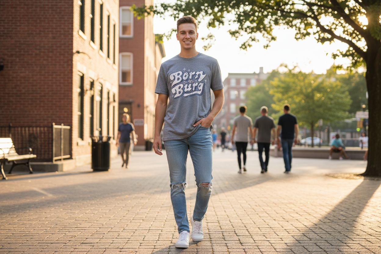 Model wearing Born in the Burg T-shirt