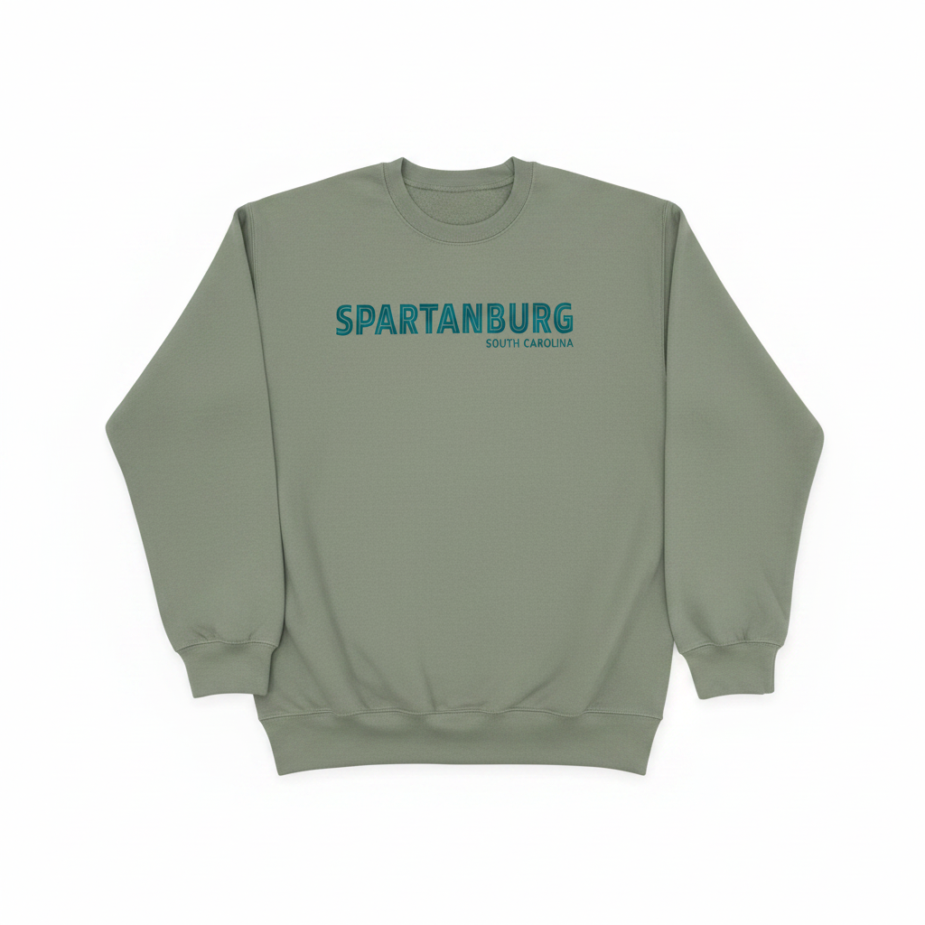 Spartanburg Sage Green crewneck sweatshirt studio shot