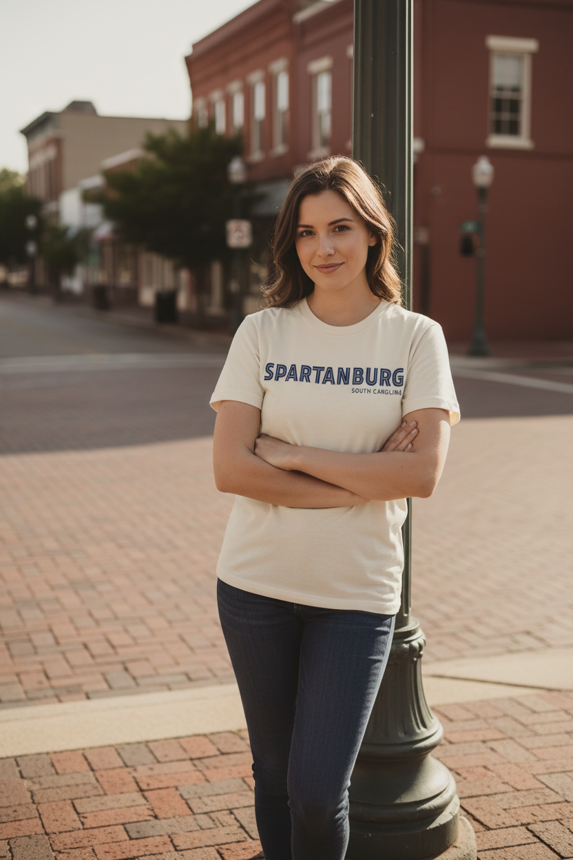 Female model wearing Spartanburg SC white tee
