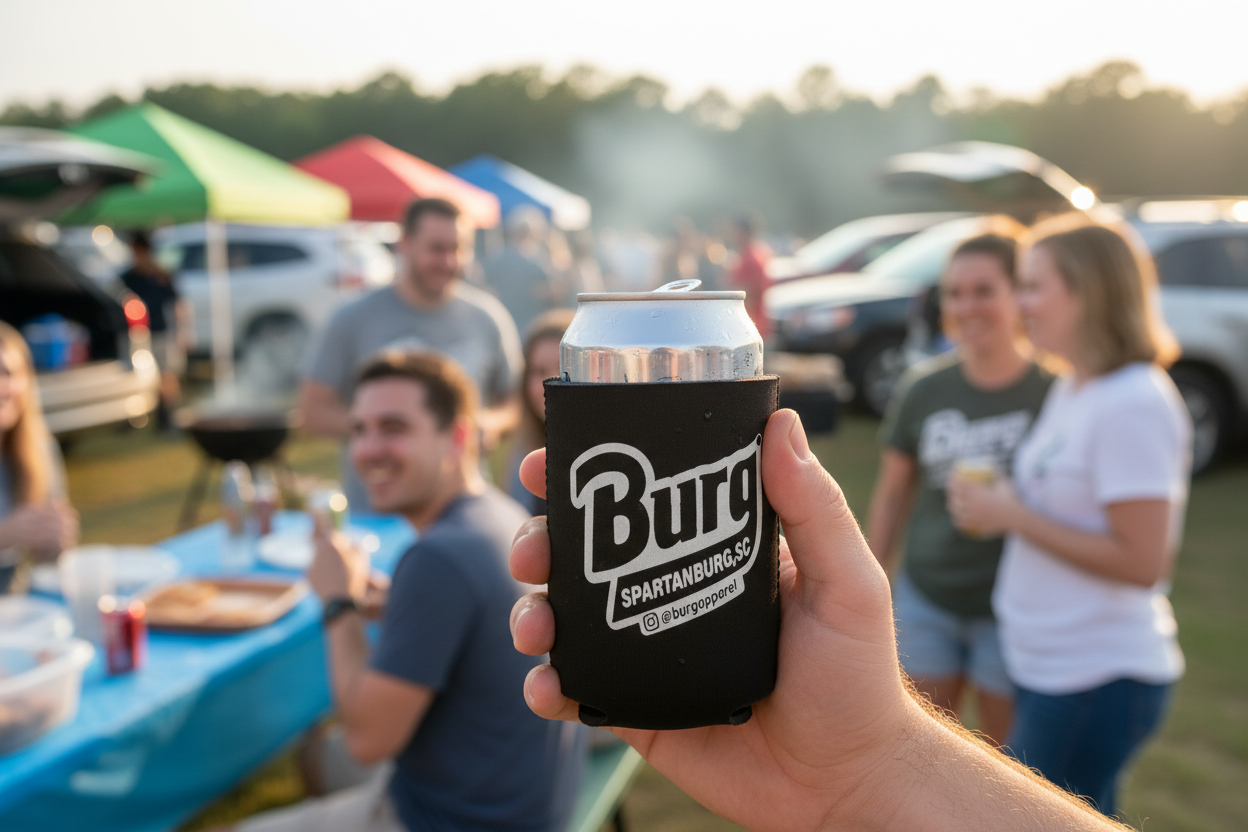Lifestyle shot of Livin' My BURG Life Koozie