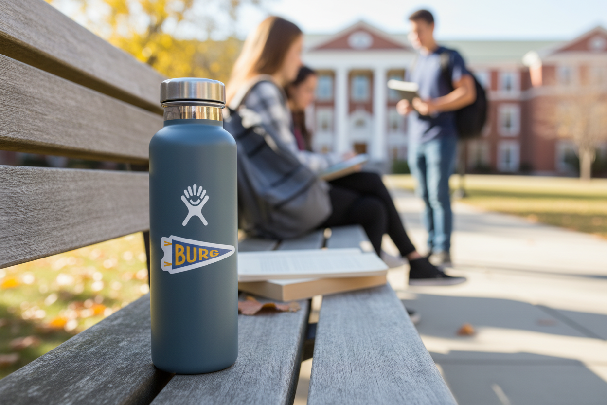 Burg Pennant Sticker - lifestyle shot on water bottle