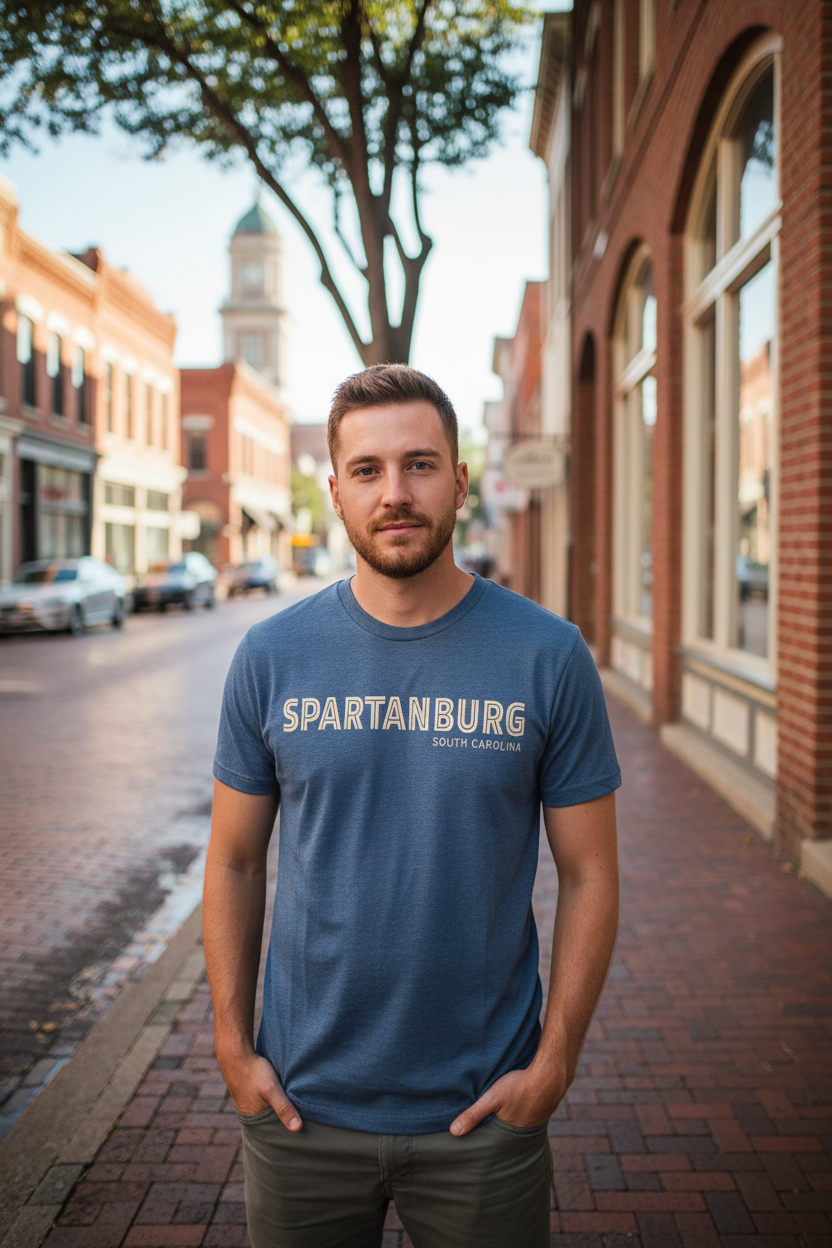 Male model wearing Spartanburg SC heather blue tee