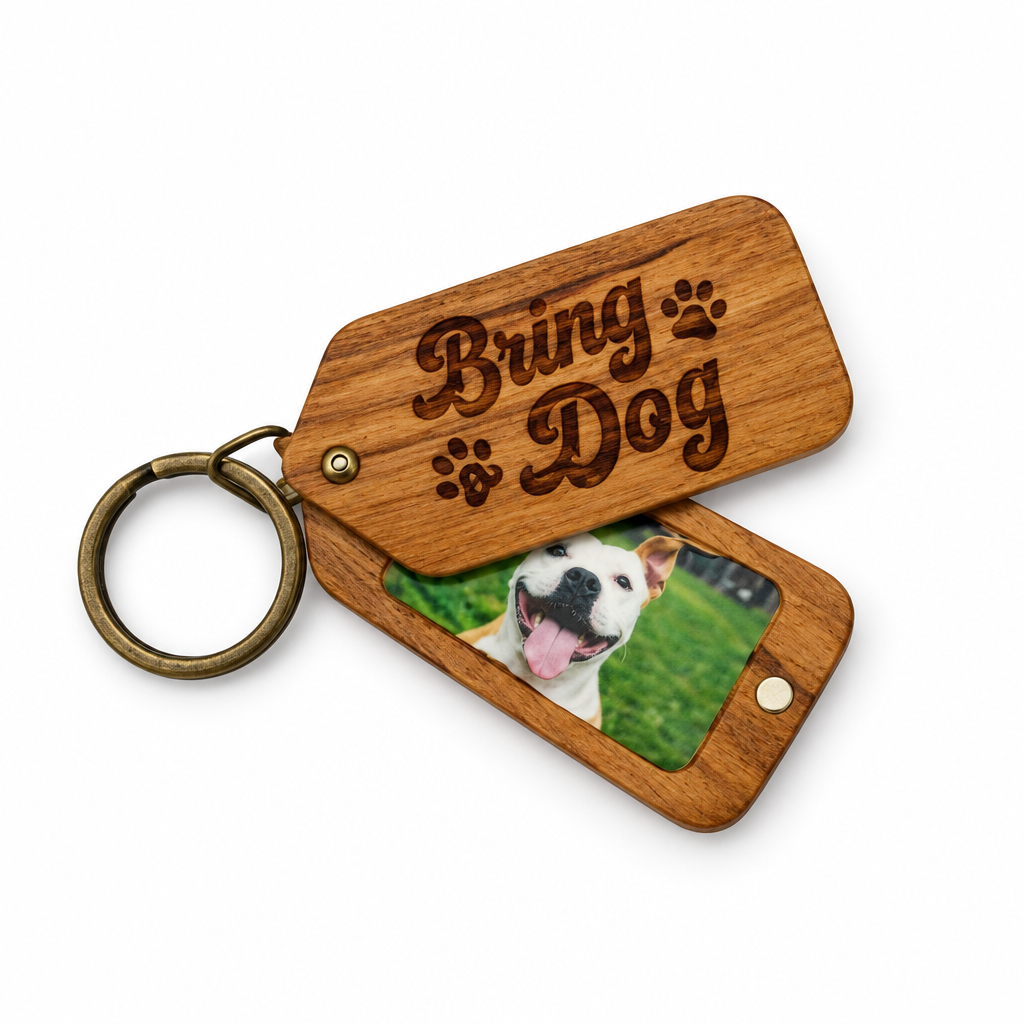 Burg dog wooden photo keychain, studio shot on white