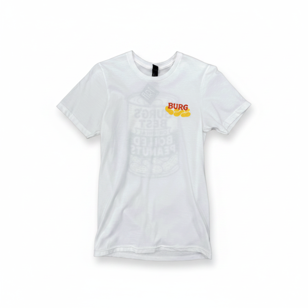 Studio shot of Burg's Best Boiled Peanuts White Tee