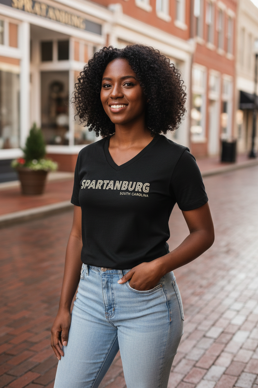 African American female model wearing Spartanburg black v-neck