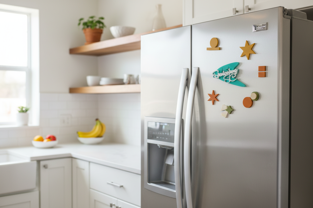 Aqua Mid Mod Magnets on a fridge