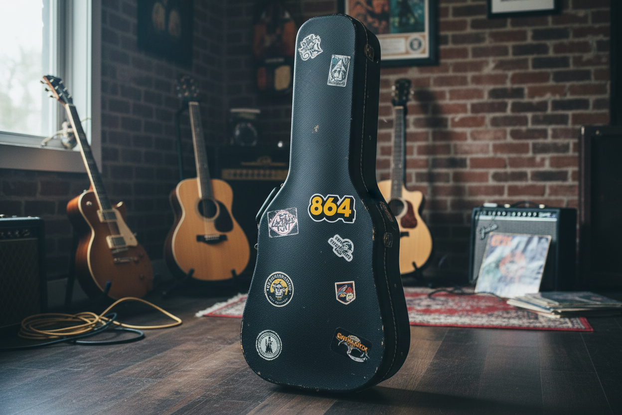 864 Sticker on full-size guitar case showing correct scale