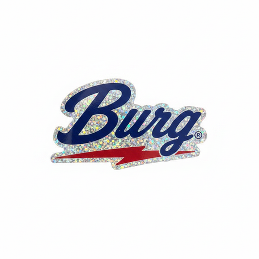 Burg glitter sticker on white background showing holographic sparkle detail