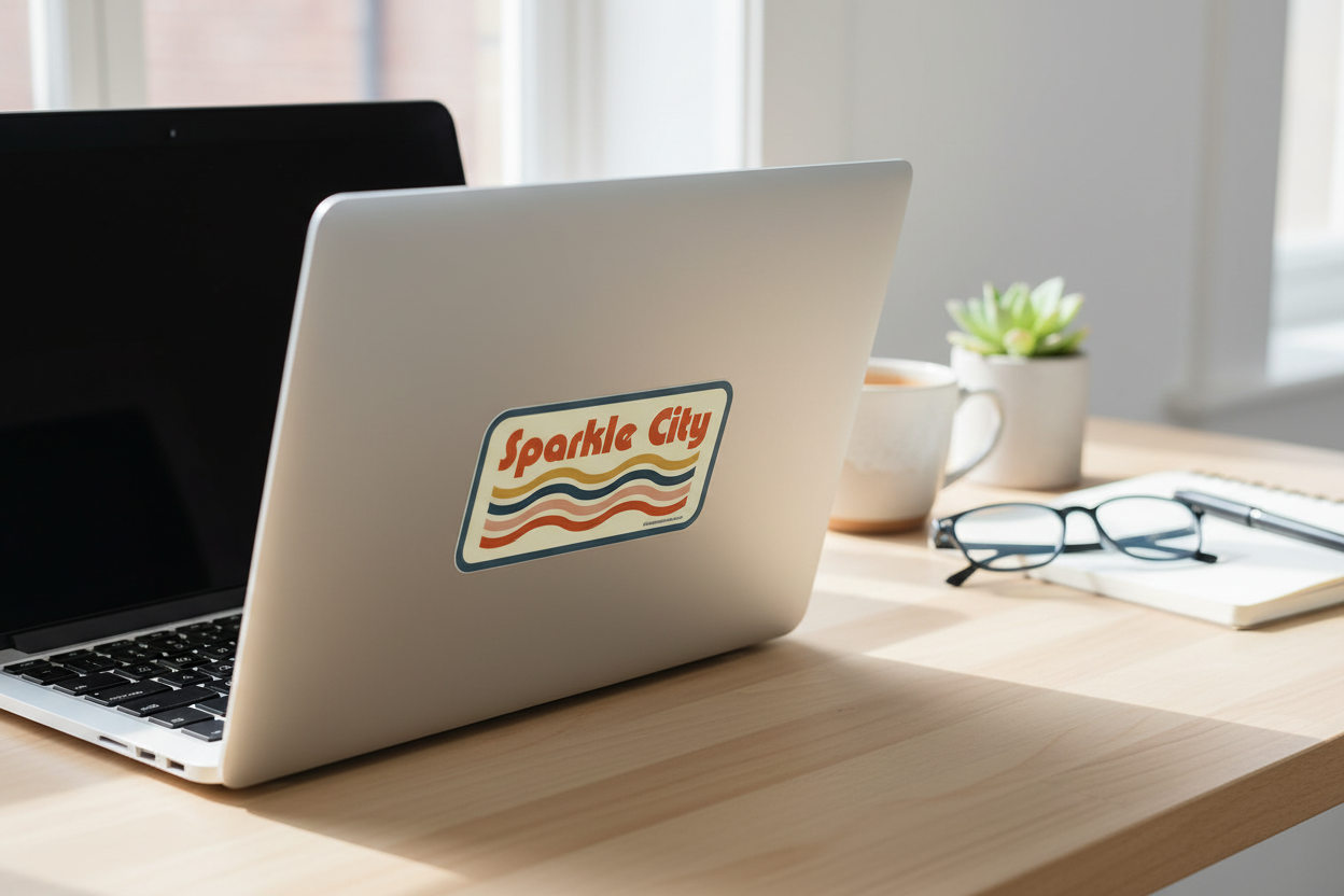 Sparkle City waves sticker on a laptop