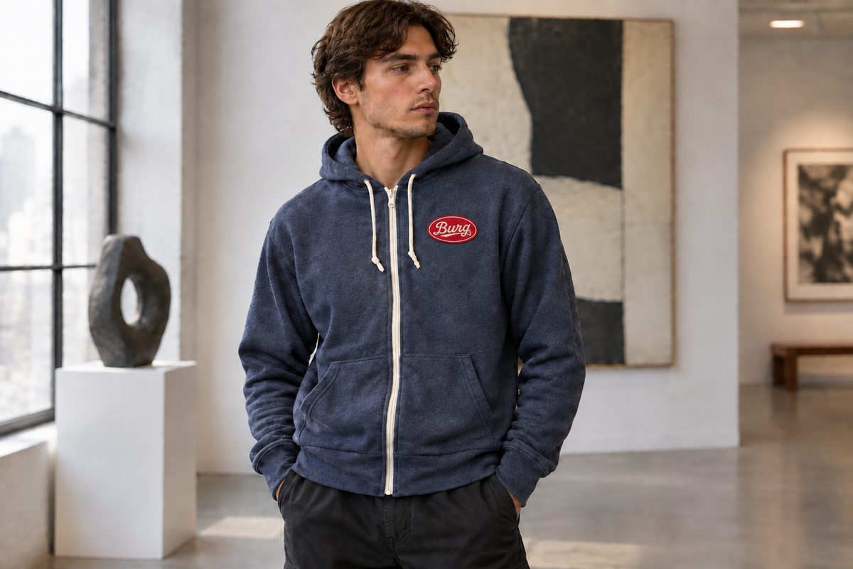 Zip Up Hoodie lifestyle photo showing the actual Hub City patch