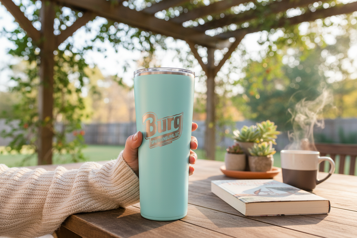 Lifestyle shot of Burg Spartanburg SC Insulated Tumbler