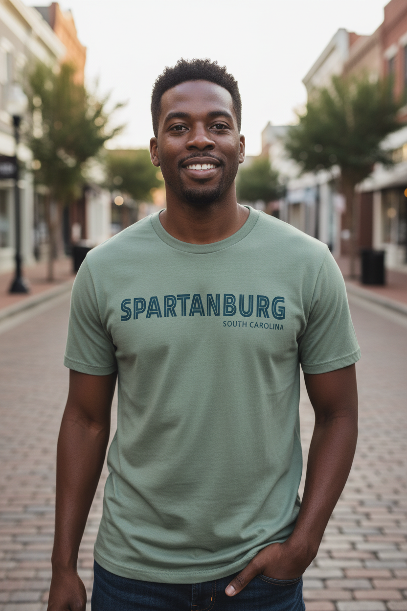African American male model wearing Spartanburg SC sage green tee