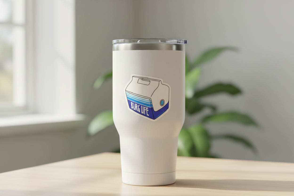 Cooler Shaped Sticker Variant 3 on a tumbler