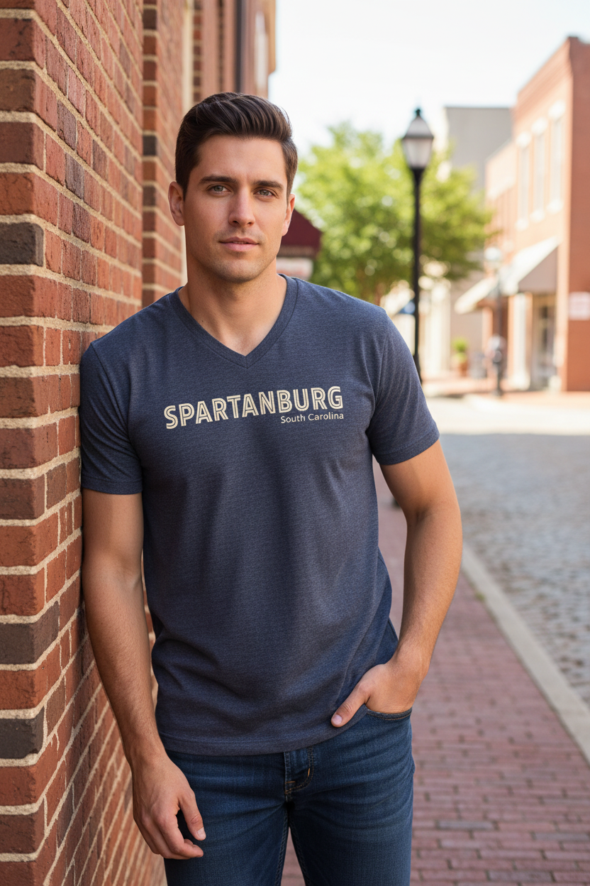 Male model wearing Spartanburg heather navy v-neck
