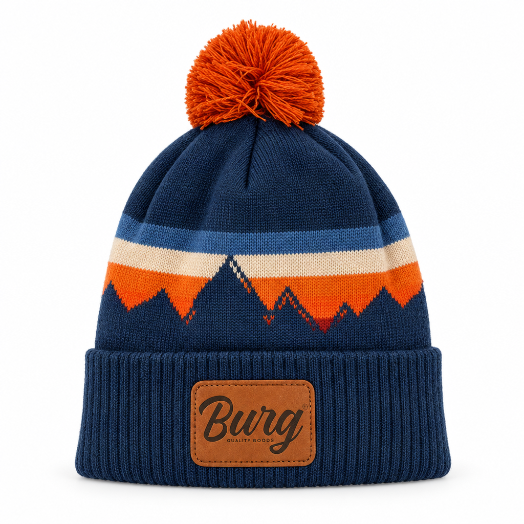 Locale Grand recycled pom beanie with Burg patch, studio shot on white