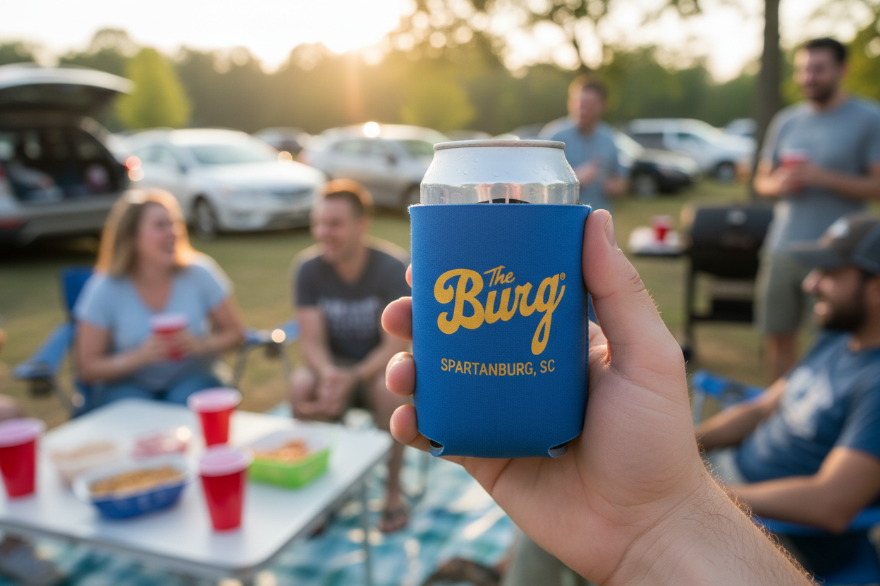 Lifestyle shot of The Burg Koozie