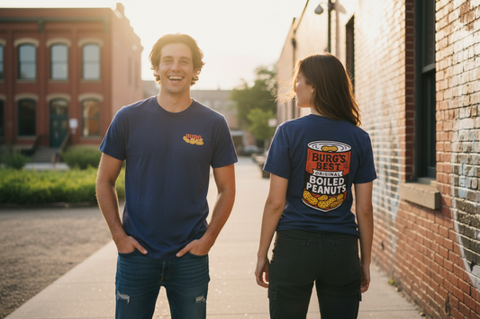 Two people showing front and back of Burg's Best Boiled Peanuts Tee