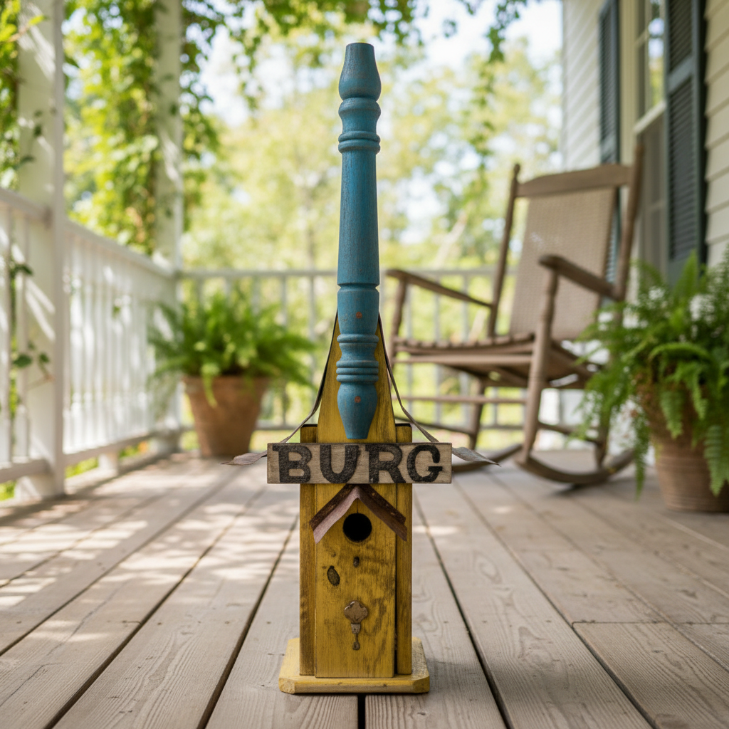 Yellow Wooden Burg House on porch