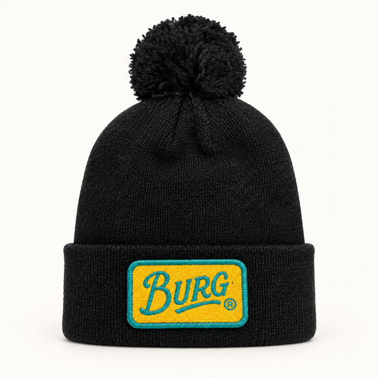 Black BURG pom-pom beanie with folded cuff, second patch style