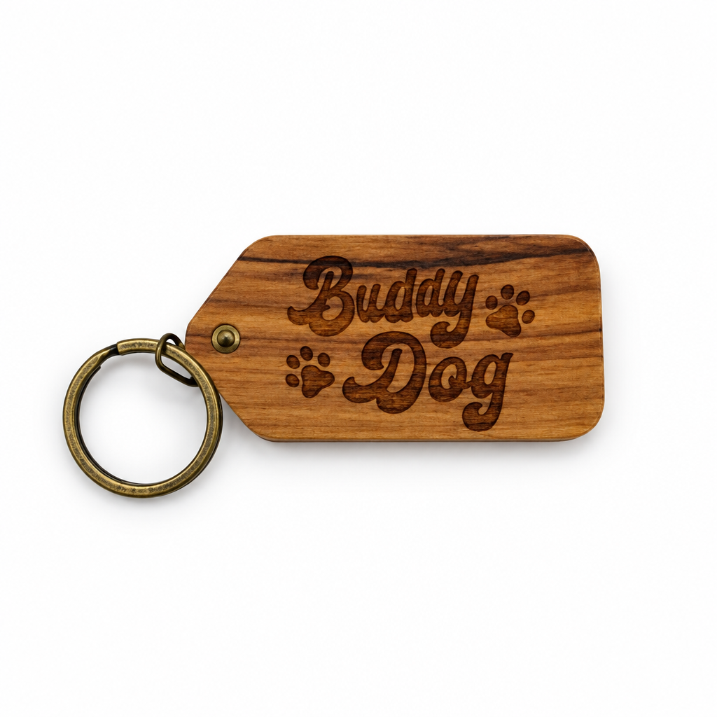 Burg dog wooden keychain, second view, studio shot on white